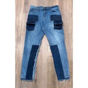 Val Kristopher Jeans Mens 34X32 Distressed Patchwork Cargo Pockets Designer